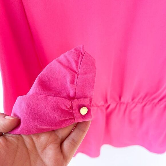 Ann Taylor 100% Silk Hot Pink V Neck Faux Wrap Long Sleeve Shirt Small - Picture 8 of 8